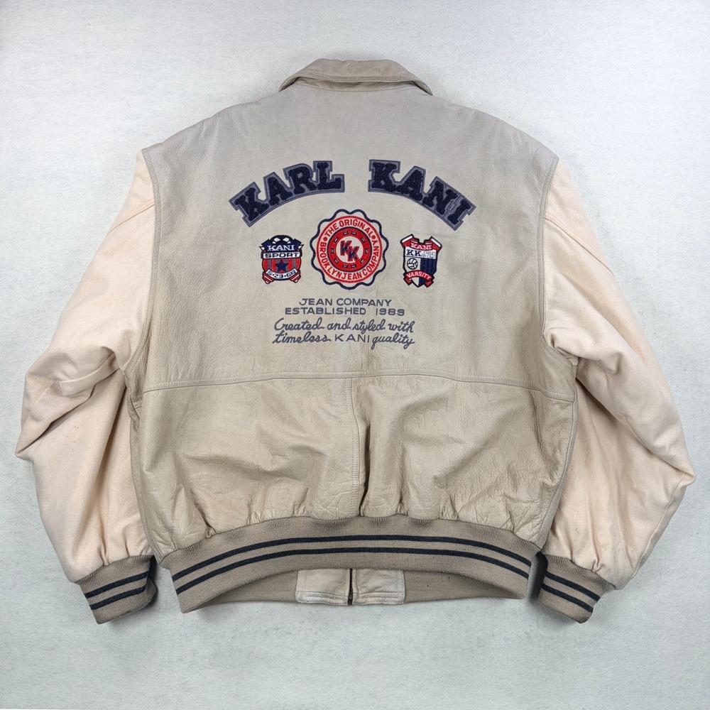 Vintage Karl Kani Leather Varsity Jacket Mens XXL Beige Embroidered Bomber